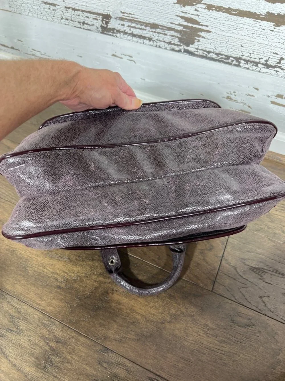 STELLA MCCARTNEY Double Handle Distressed Vegan Leather Satchel Glossy Plum OS